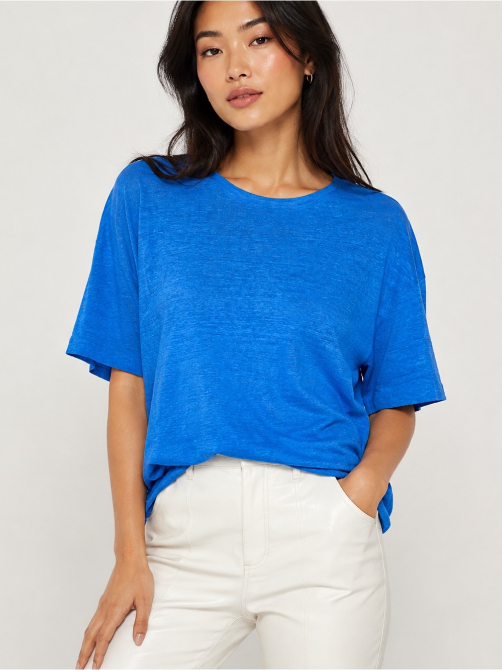 Aritzia Babaton Loom Linen Pegasus T-Shirt Blue Casual Quiet Luxury NWOT Size S